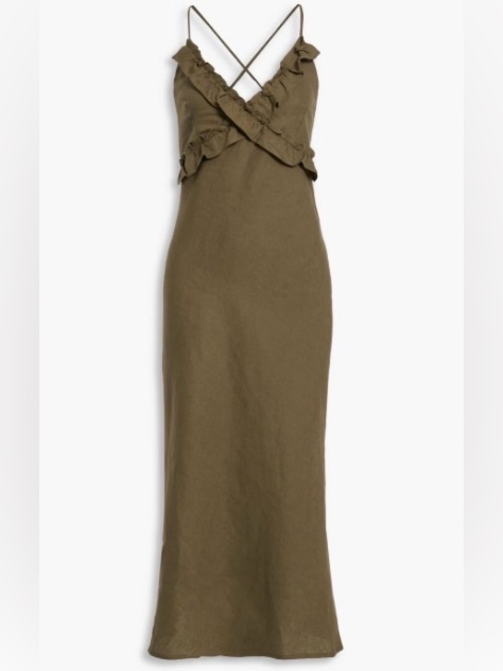 BELIZE Zola ruffled linen Olive Ruffle Slip Dress with Spaghetti Straps Large